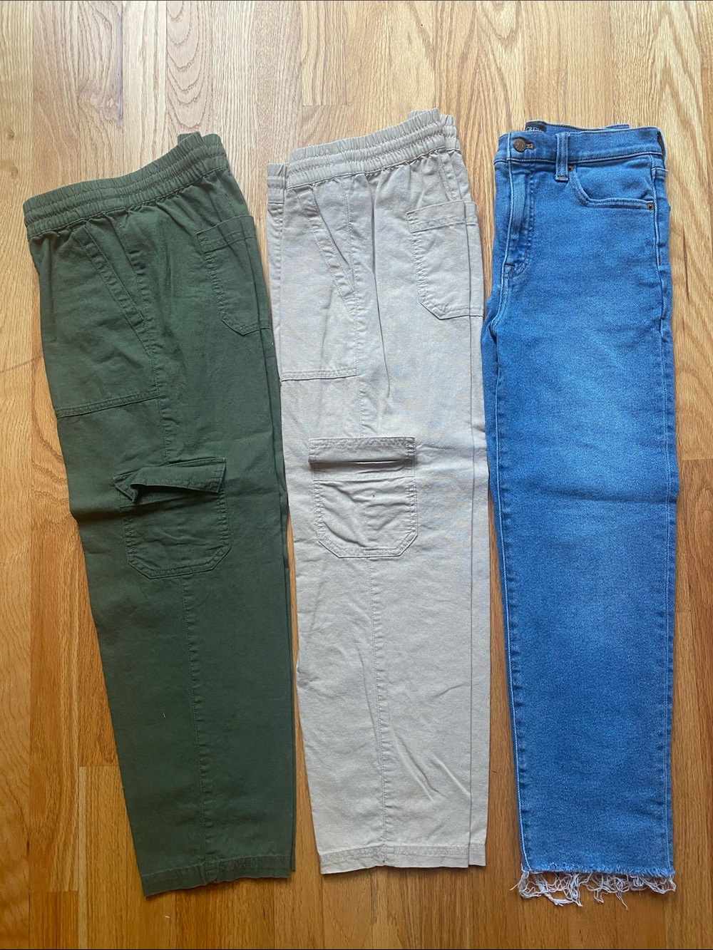 J. Crew Trio: Olive Cargo Joggers, Beige Utility Pants, Blue Denim Jeans